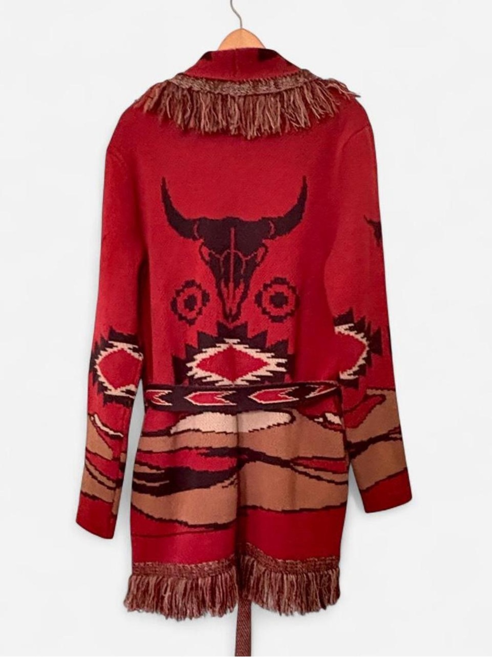 Idyllwind Brick Southwestern Fringe Belted Cardigan Aztec Steer Skull L Western